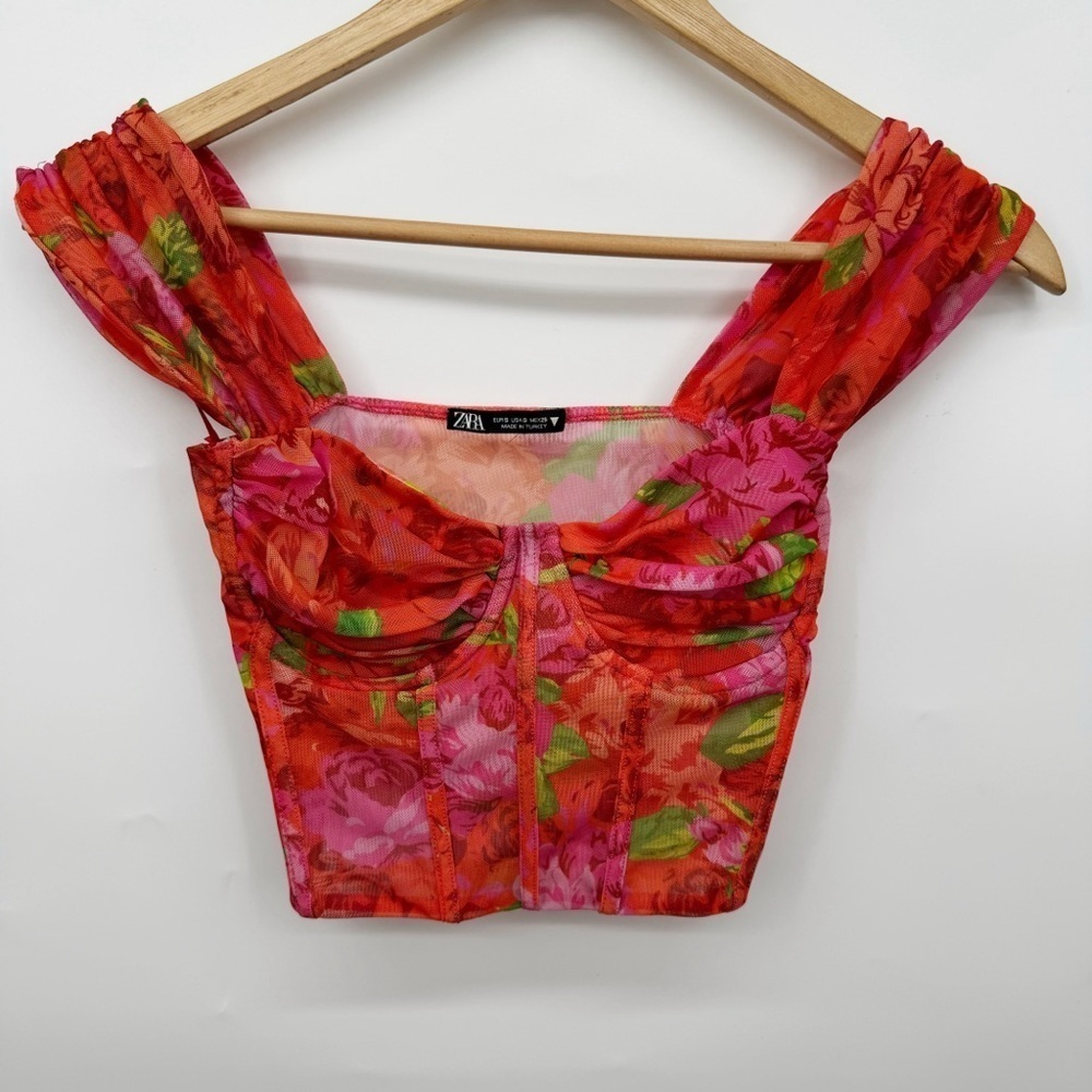 Zara Sheer Floral Corset Crop Top Women’s Small Vacation Resort Kawaiigirl - Picture 1 of 10